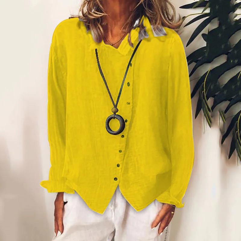 

Elegant Casual Solid Color POLO Neck Shirt Women Breathable Cotton Linen Blouse 2022 Autumn Cardigan British Style Commuter Tops