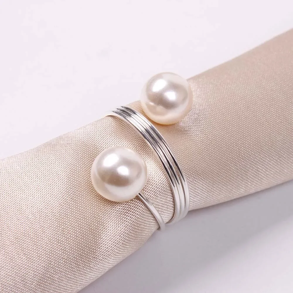 Gold Silver Napkin Rings Metal Pearl Bow Buckles 12PCS for Christmas Wedding Banquet