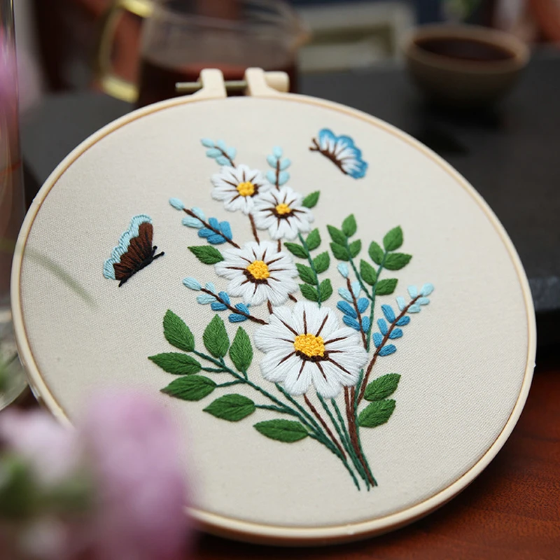 Easy Flower DIY Embroidery Kit Printed Pattern Cross Stitch Set for Beginner Needlework Hoop Handmade Sewing Art Craft Gift