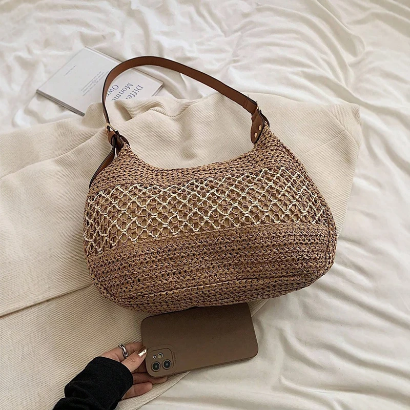 Summer Straw Weaving Shoulder Bag Large Capacity Crochet Beach Handbag Women Handmade Woven Hollow Out Underarm Knitting Bag