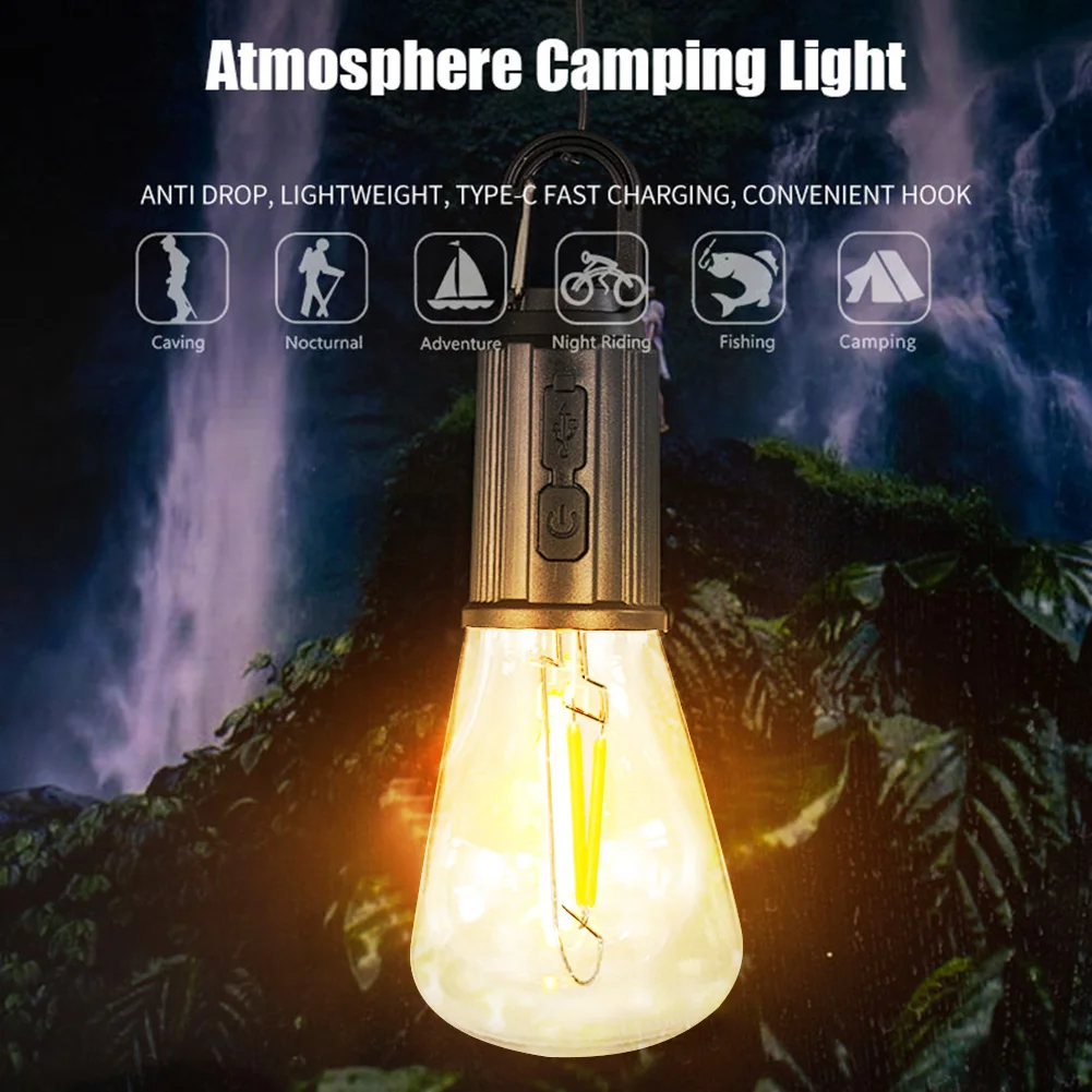 LED Light Outdoor Retro Hanging Light Bulb Type-C Charging Camping Tent Garland Garden Party Decoration Night with Hook