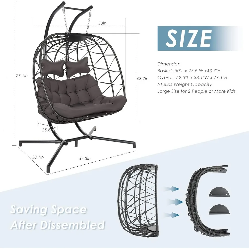 Large PE Wicker Egg Shaped Hanging Egg Chair with Stand and Thick Cushion, Indoor Outdoor. Oversized 2 Person Patio Swing Chair 5