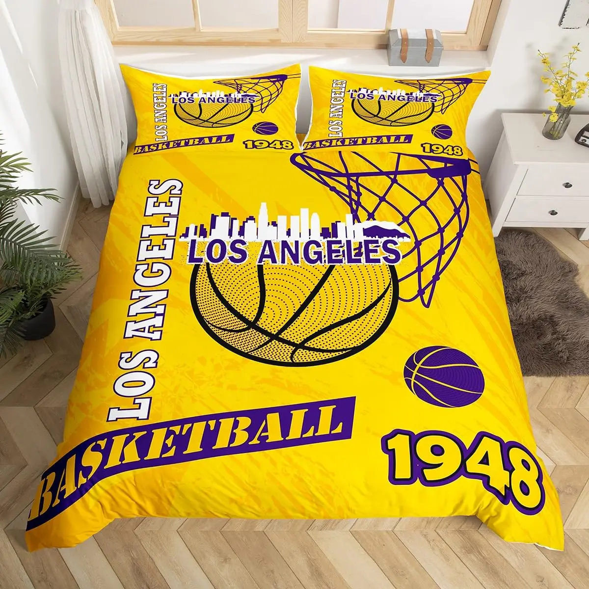 Basketball Court Print Bedding Set Twin Size,Ball Sports Games Themed Duvet Cover, Boys Game Room Decor Comforter Cover 5