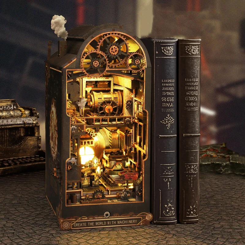 DIY Book Nook Shelf Insert Kits Mechanical World Cottage Wooden Miniature Model Kit Handmade Bookend Bookshelf Friends Gifts 2