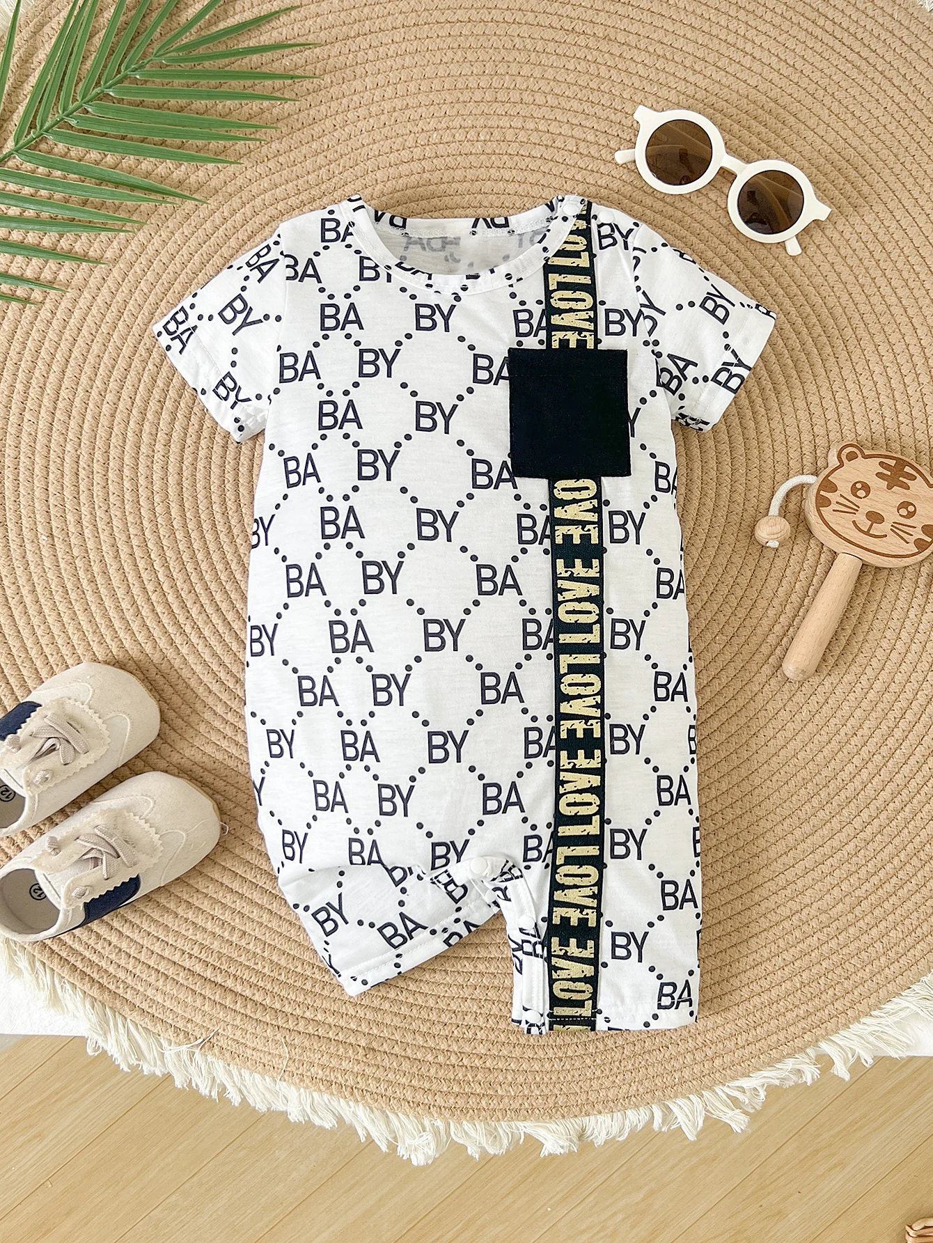 Fashion Summer Infant Baby Short Sleeve Romper Letter Print Jumpsuit With & Pocket for 0-2Y Newborn Boys Casual Set of Clothing 1