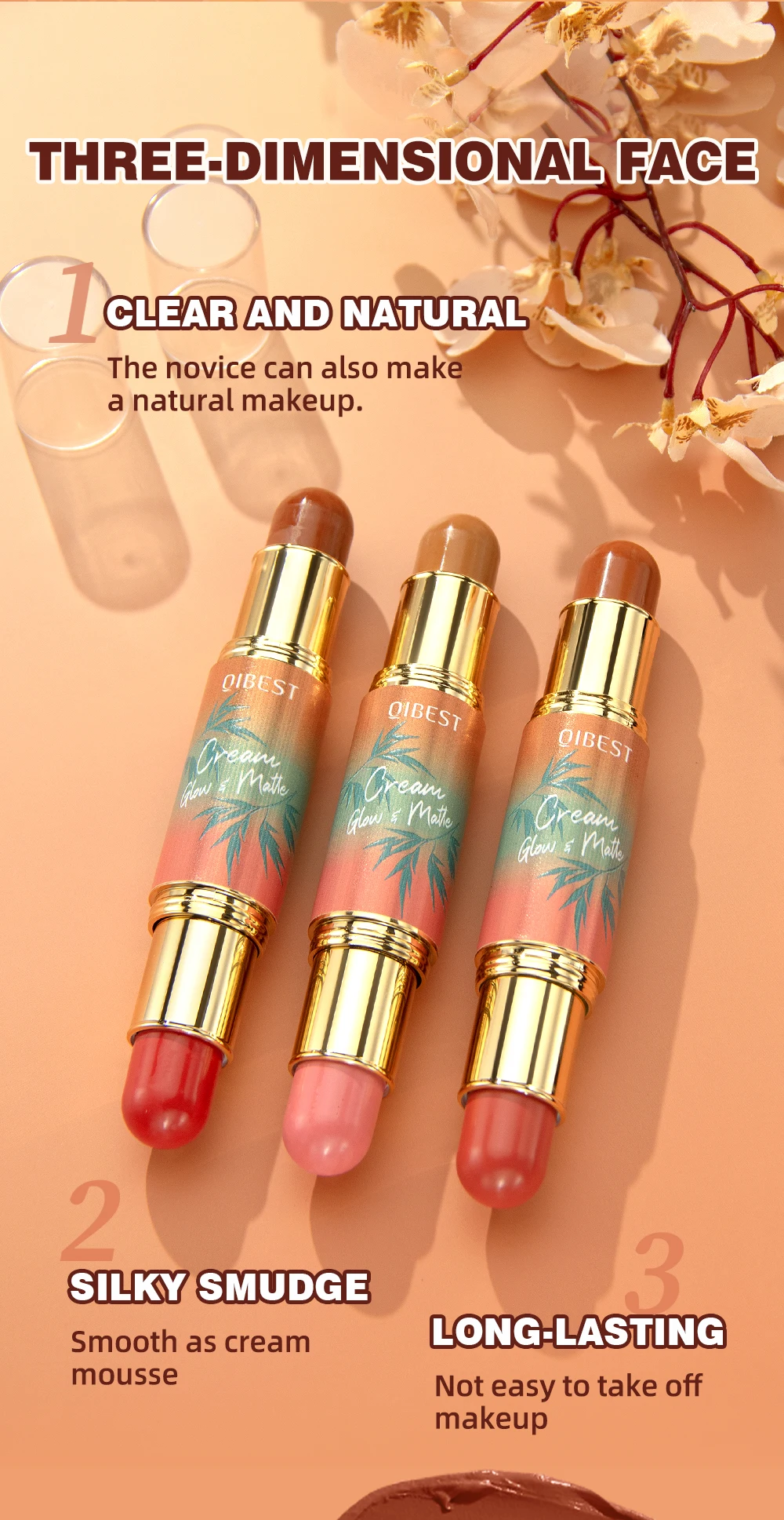 QIBEST 2 In 1 Multiuse Stick Double Headed Bronzer Blush For Cheeks Eyes Lips Long Lasting Matte Glow Makeup Contourining Stick
