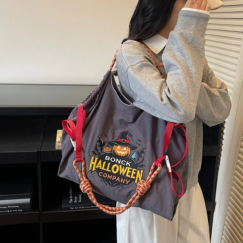 Halloween Women Embroidery Nylon Shopping Bag Large Capacity Shoulder Bag Crossbody Bag for Travel Shopping Daily Use