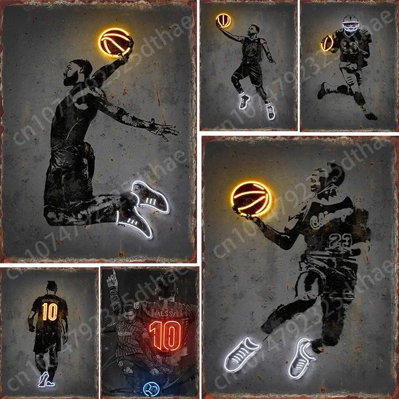 

Neon Effect Metal Painting Sports Star Posters Basketball Players Graffiti Canvas Painting Football Art Print Wall Home Decor