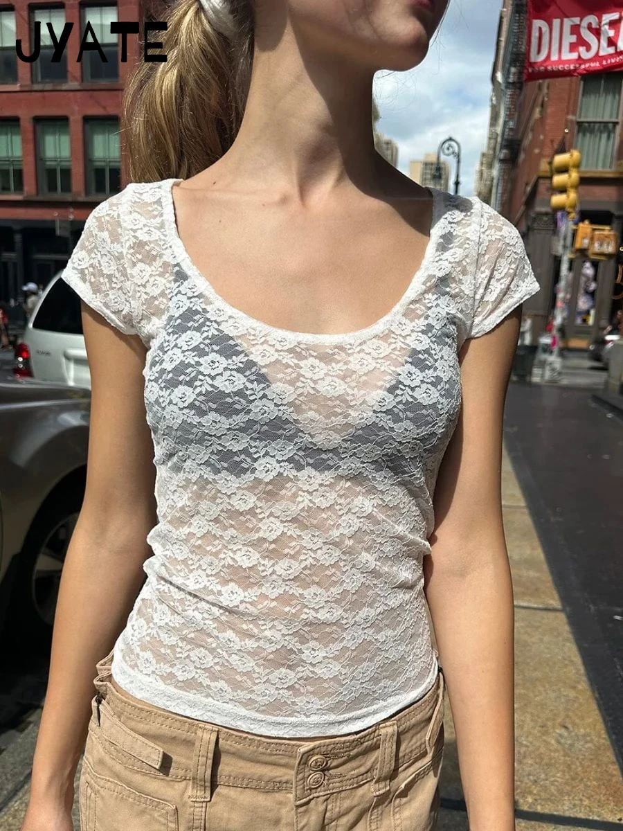 

Sexy White Lace See Through T-shirts Women Summer Casual Streetwear Scoop Neck Short Sleeve Tees Vintage Chic Slim Y2K Crop Tops
