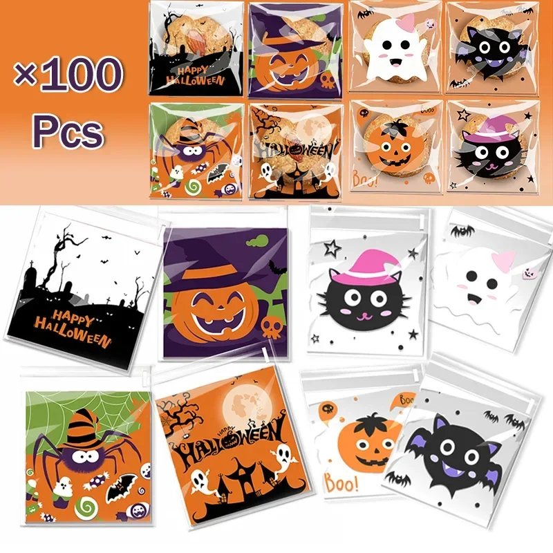 

100PCS Halloween Candy Wrapping Bags Pumpkin/Cat/Bat/Ghost Printed Cookie Bags Wrapping Bags Spooky Party Favour Bags