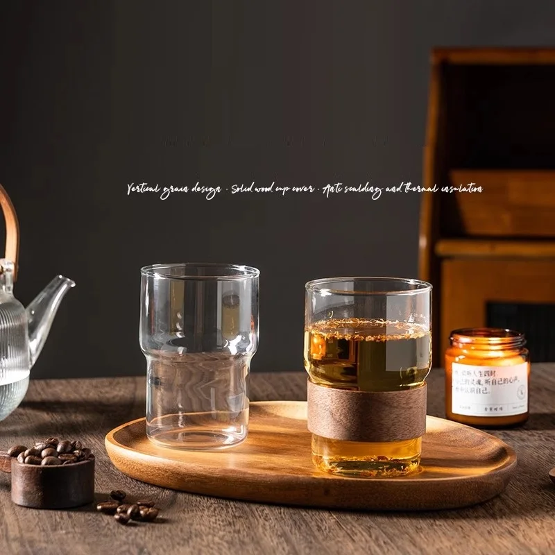 1 Piece 350ml 12oz Stackable Clear Tea Cup with Bamboo Sleeve Heat Resistant Glass Mug Drip Coffee Tea Water Juice Brewing Cup