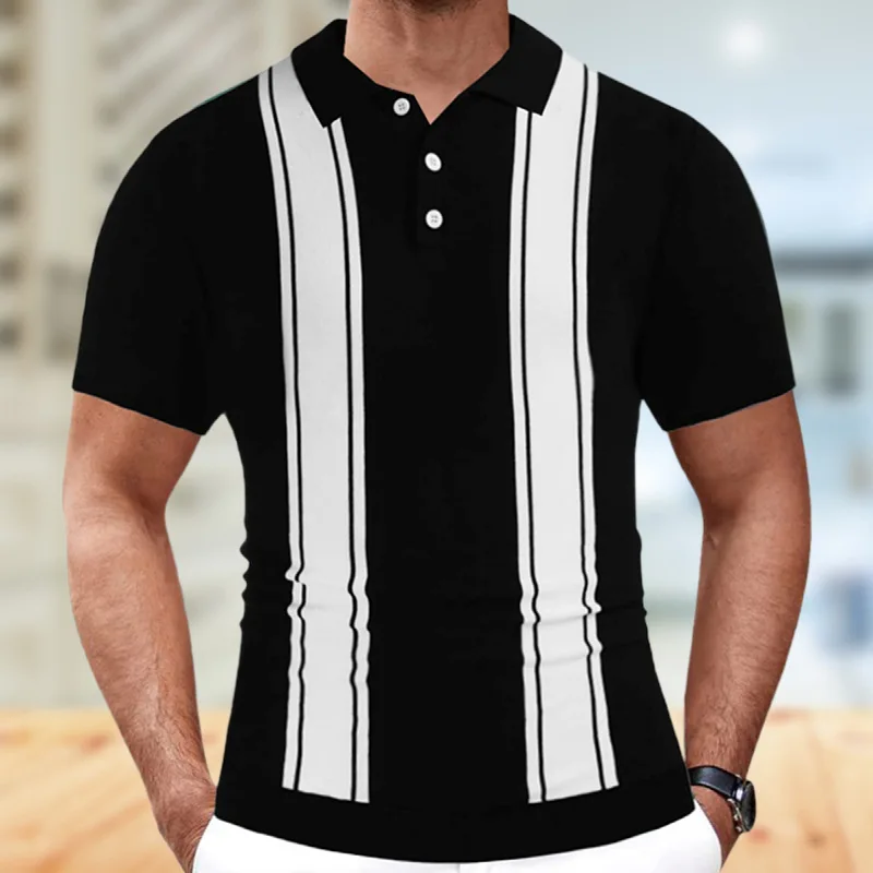 High End Jakarlı Çizgili Polo Gömlek Erkekler Için Kısa Kollu Elastik Yaz Kaliteli Viskon Örme Akıllı Rahat Camisas De Hombre