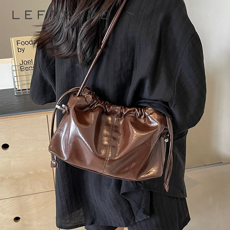 

Small PU Leather Shoulder Bags for Women 2024 Y2K Korean Fashion Silver Handbags and Purses Lady Drawstring Crossbody Bags