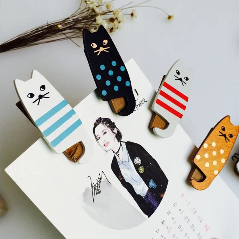Lovely cat Wooden Clip Bag Paper Clip 4PCS/LOT Special Gift Fashion