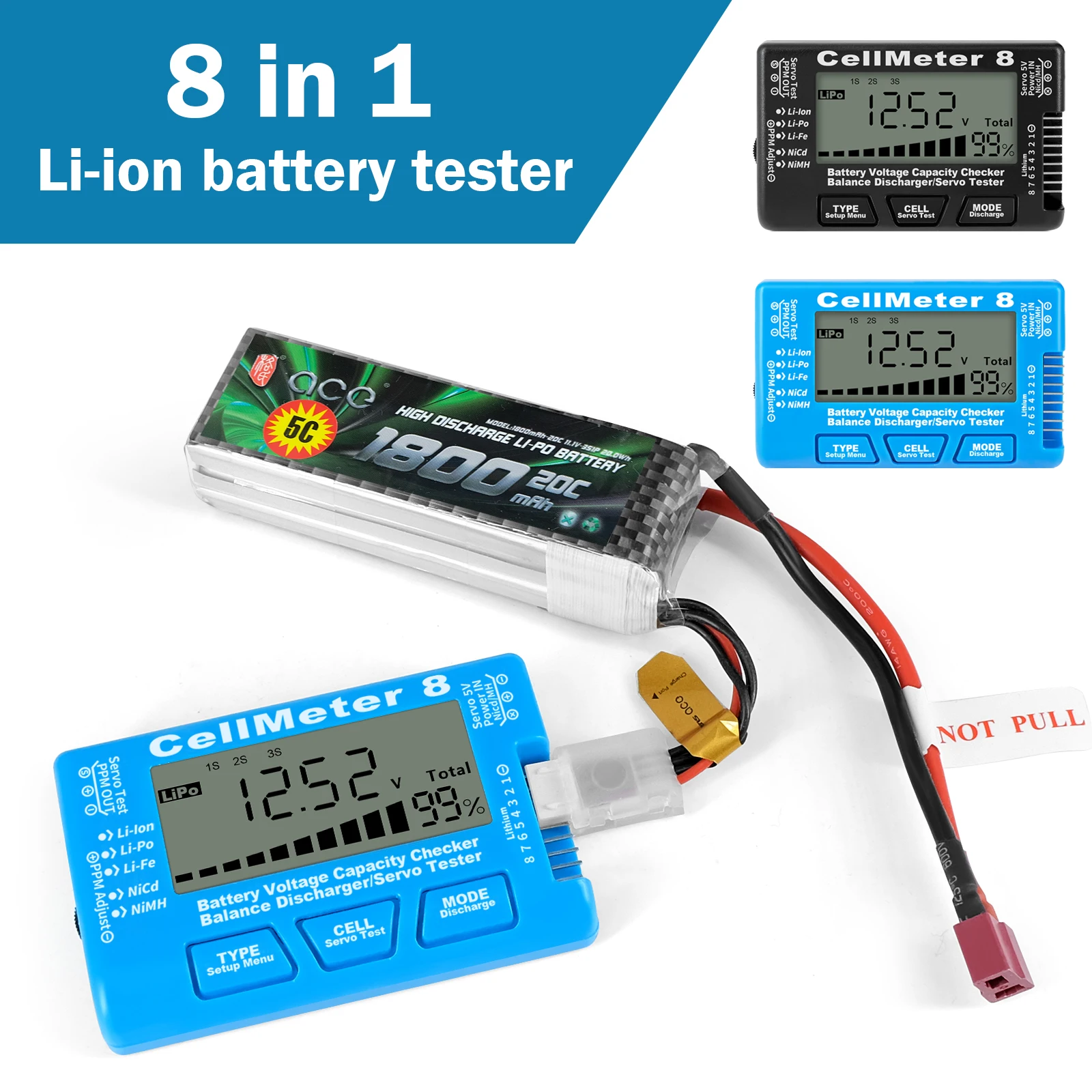 CellMeter 1-8S avec écran rétroéclairé indiquant les paramètres de la batterie LiFe