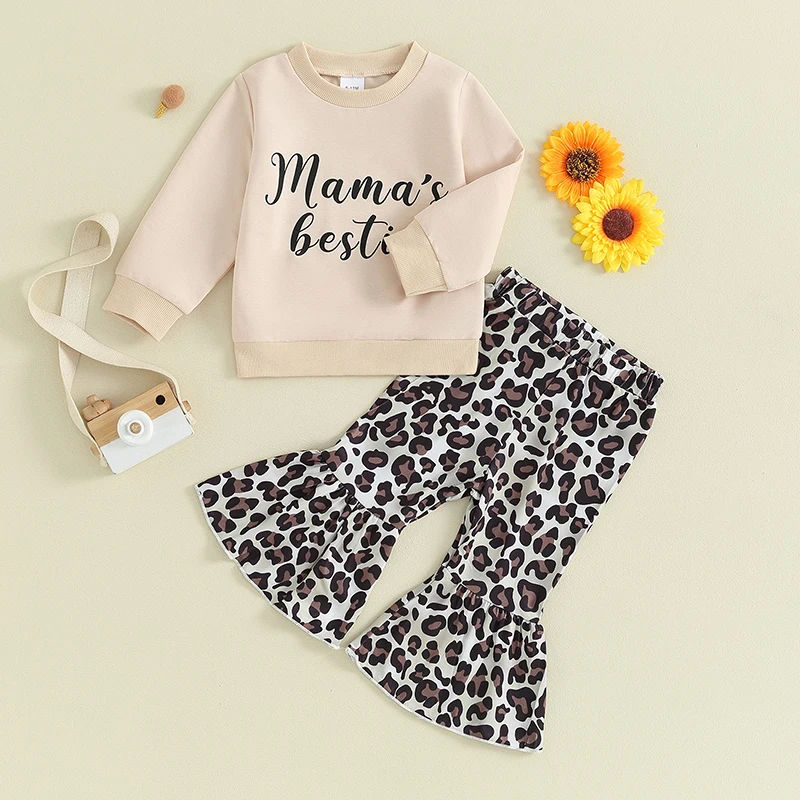 

Toddler Kids Girls Fall Outfits Letter Print Crew Neck Long Sleeve Sweatshirts Leopard Print Flare Pants 2Pcs Clothes Sets