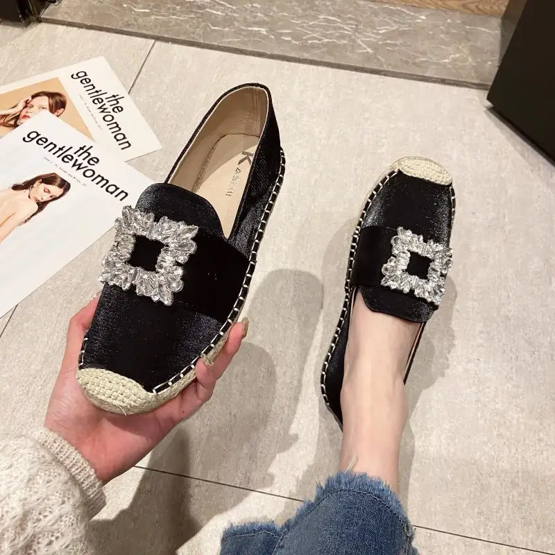 Luxury Silk Espadrille Moccasins Woman Big Square Crystal Buckle  Flat Shoes Ladies Brand Design Elegant Slip-on Fishman Shoes 2