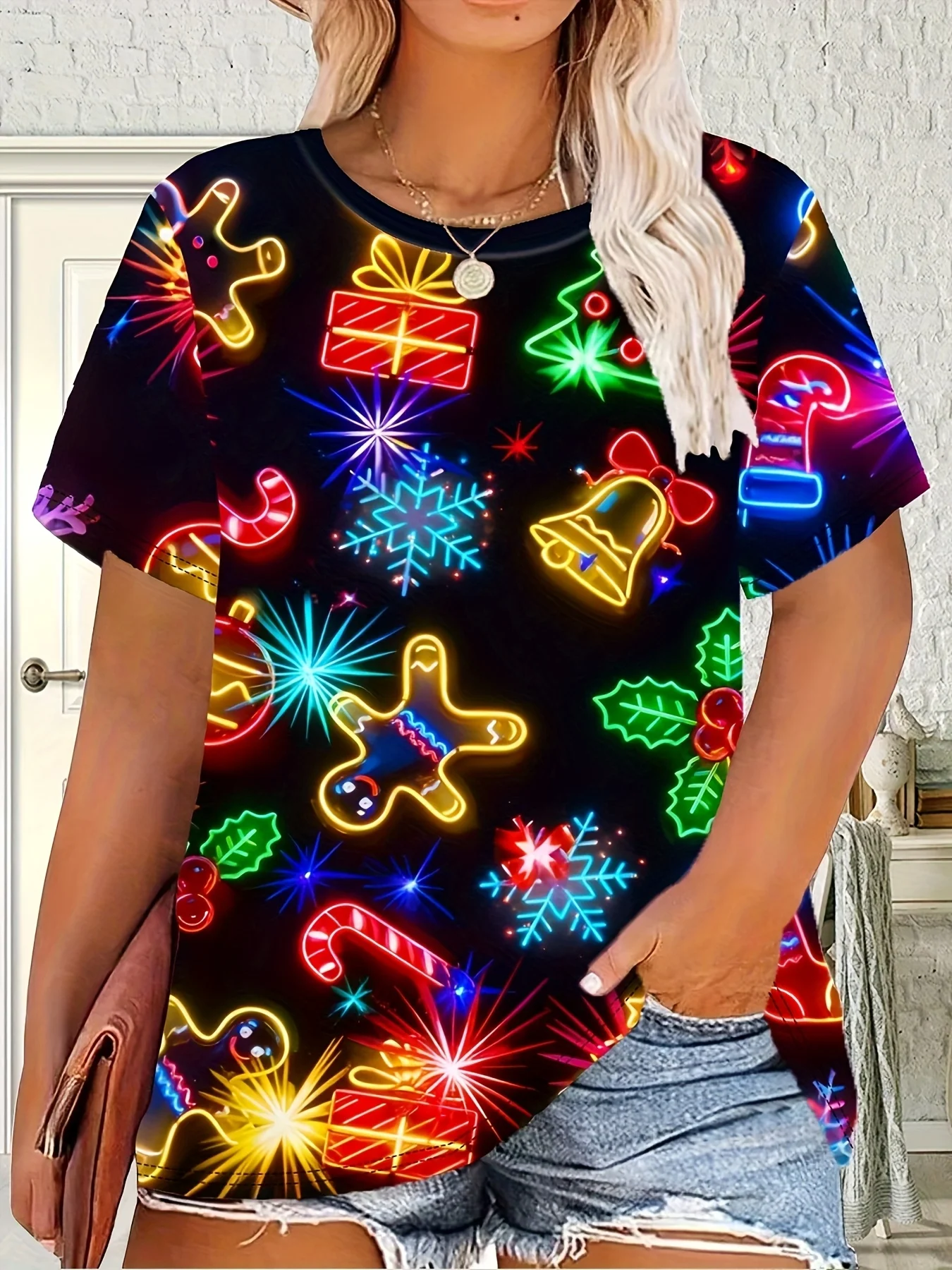  Women's Christmas Reindeer & Rudolph Print T-Shirt Short Sleeve Round Neck Casual Top Xmas Parties Costume Y2k Ladies Clothes