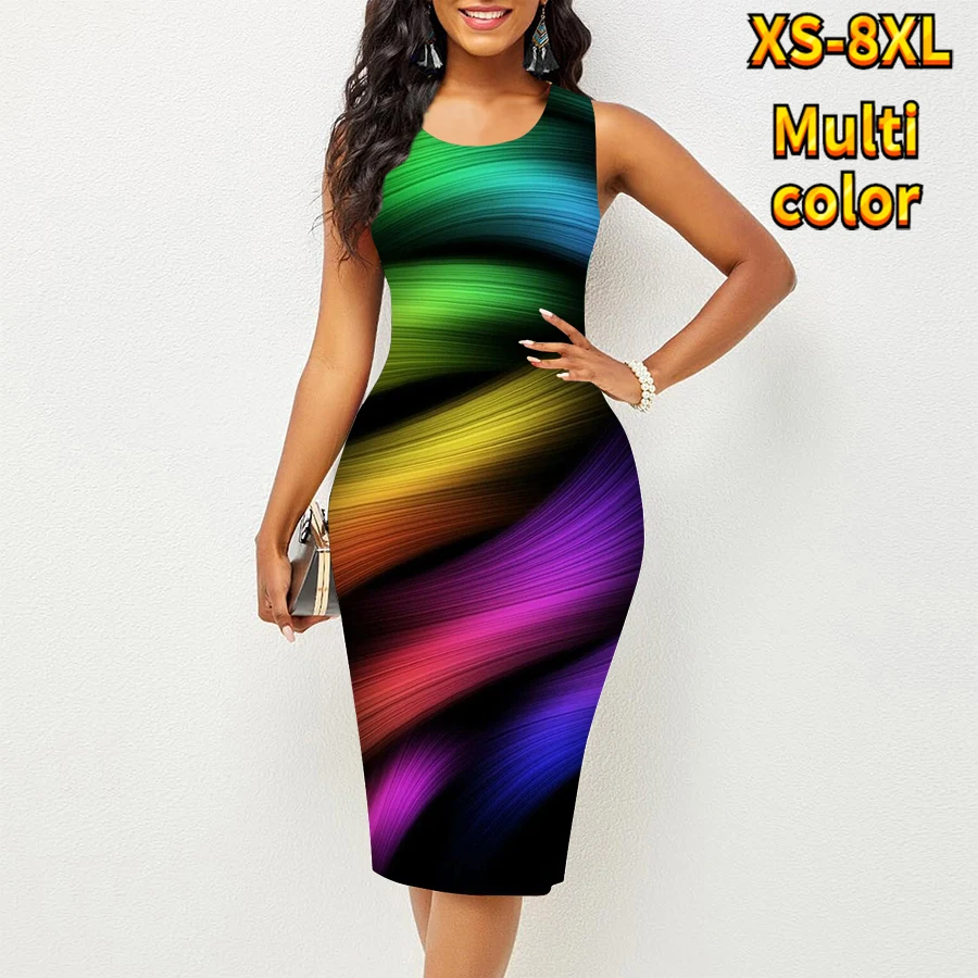 2022 Ladies Summer Abstract Print Dress Gradient Color Element Sleeveless Dress Fashion Sexy Casual Round Neck Knee-Length Skirt