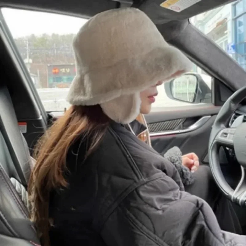 

Панама для защиты ушей в Корейском стиле для женщин, универсальные теплые однотонные плюшевые шапки в стиле ретро, для путешествий, Осень-зима