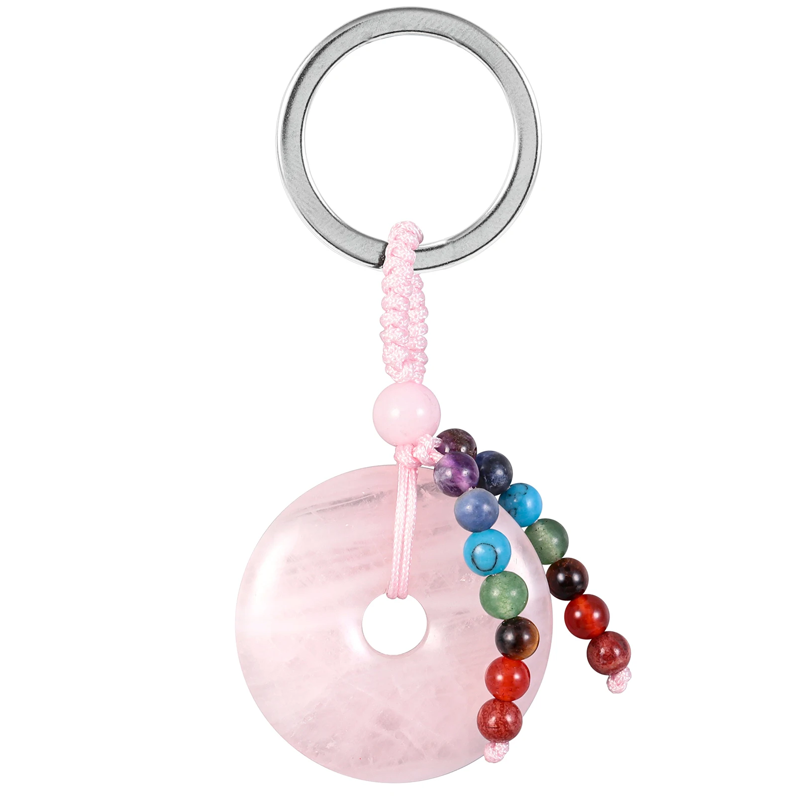 

Natural Rose Quartz Crystal Stone Lucky Coin Couple Keyrings 7 Chakra Beads Peace Buckle Keychains Car Key Lanyards