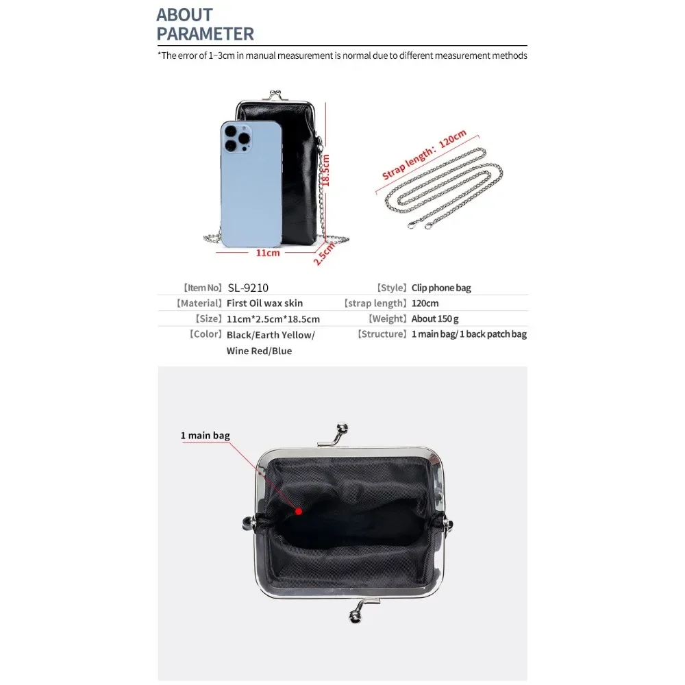 URBAN MASTER Genuine Cow Leather Vintage Phone Bags for Women Shoulder Chain Crossbody Bag Fashion Clip Small Purse Wallet 9210
