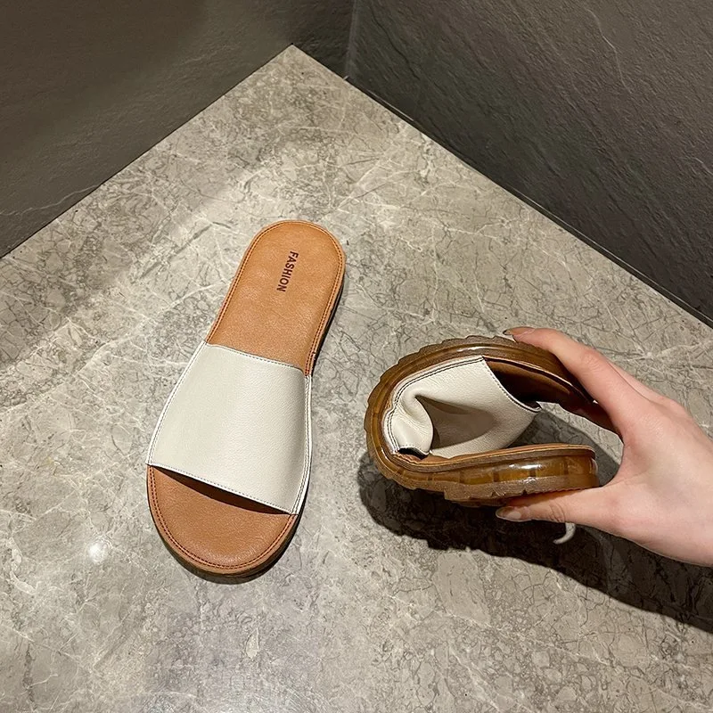 

Simple genuine leather thick sole slippers for women's outerwear 2023 summer new versatile Oxford soft sole beach shoes