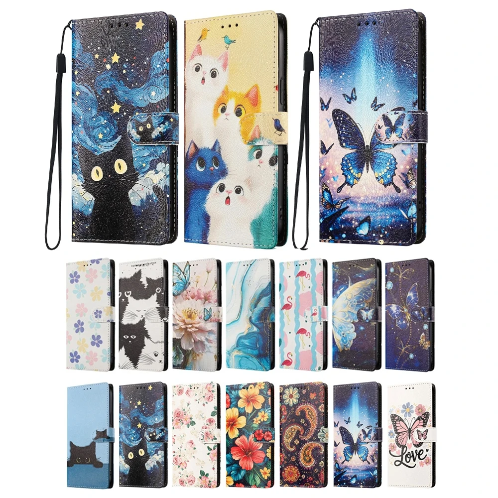 Magnetic Flip Leather Wallet Case with 3D Cat Butterfly Flower Design