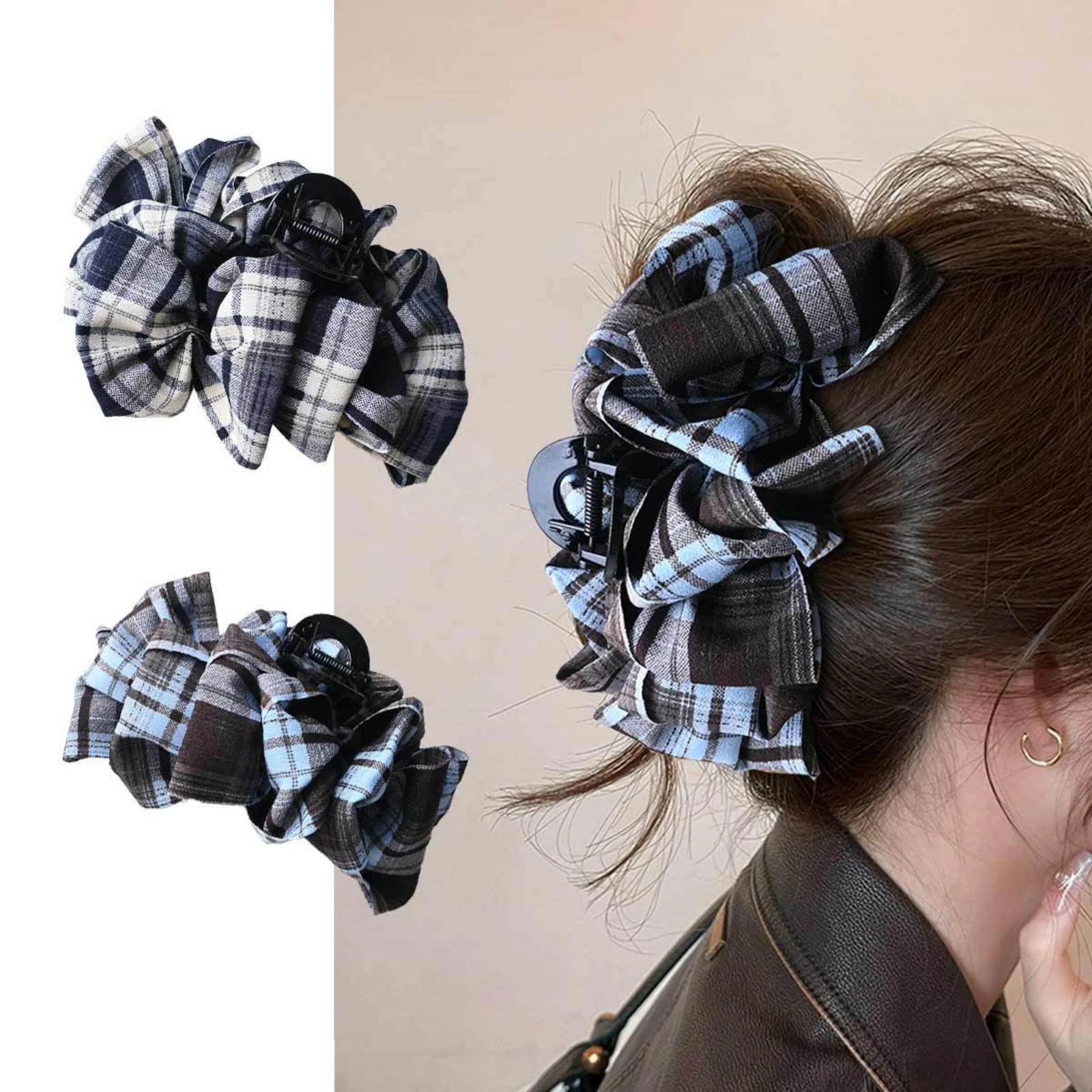 1PC Korean Academy Style Plaid Hair Claw, Scrunchie Design Hair Clip,Black Blue Plaid Hair Accessories,Stylish Updo Hair Decor