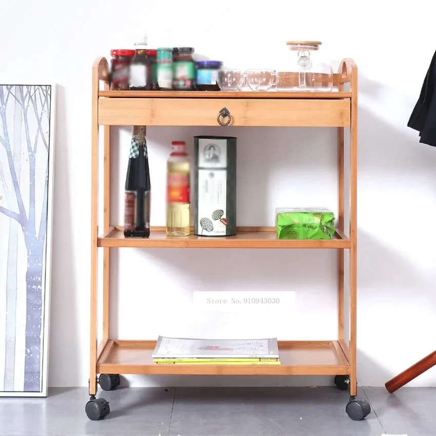 New Movable Bamboo Dining Trolley 3/4 Layer Tea Dining Cart Small Living Room Side Cabinet Beauty Salon Trolley Kitchen Shelf