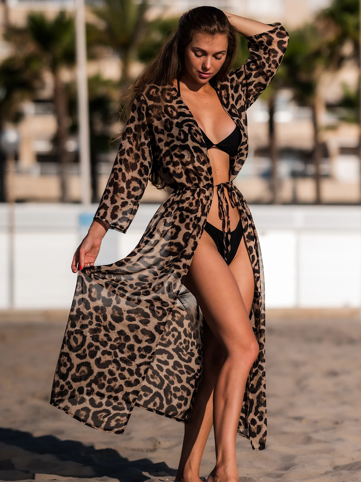 New Sexy Leopard Printed Beach Cover Up Chiffon Cover-ups Swimwear Beach Wear Summer Beachwear Female Women Long Dress K3219C 2