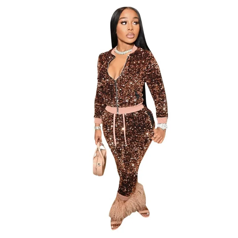 Velvet Sequin Patchwork Women Casual Two Piece Set 2023 Autumn Winter Warm Zipper Coat and Sweatpants Tracksuit Streetwear