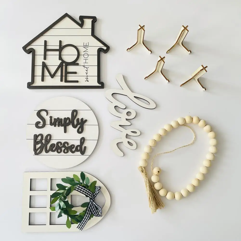 

Solid Wood Farmhouse Ornament Rustic Farmhouse Tiered Tray Decoration Set with White Wood House Door Sign Window Bead Garland