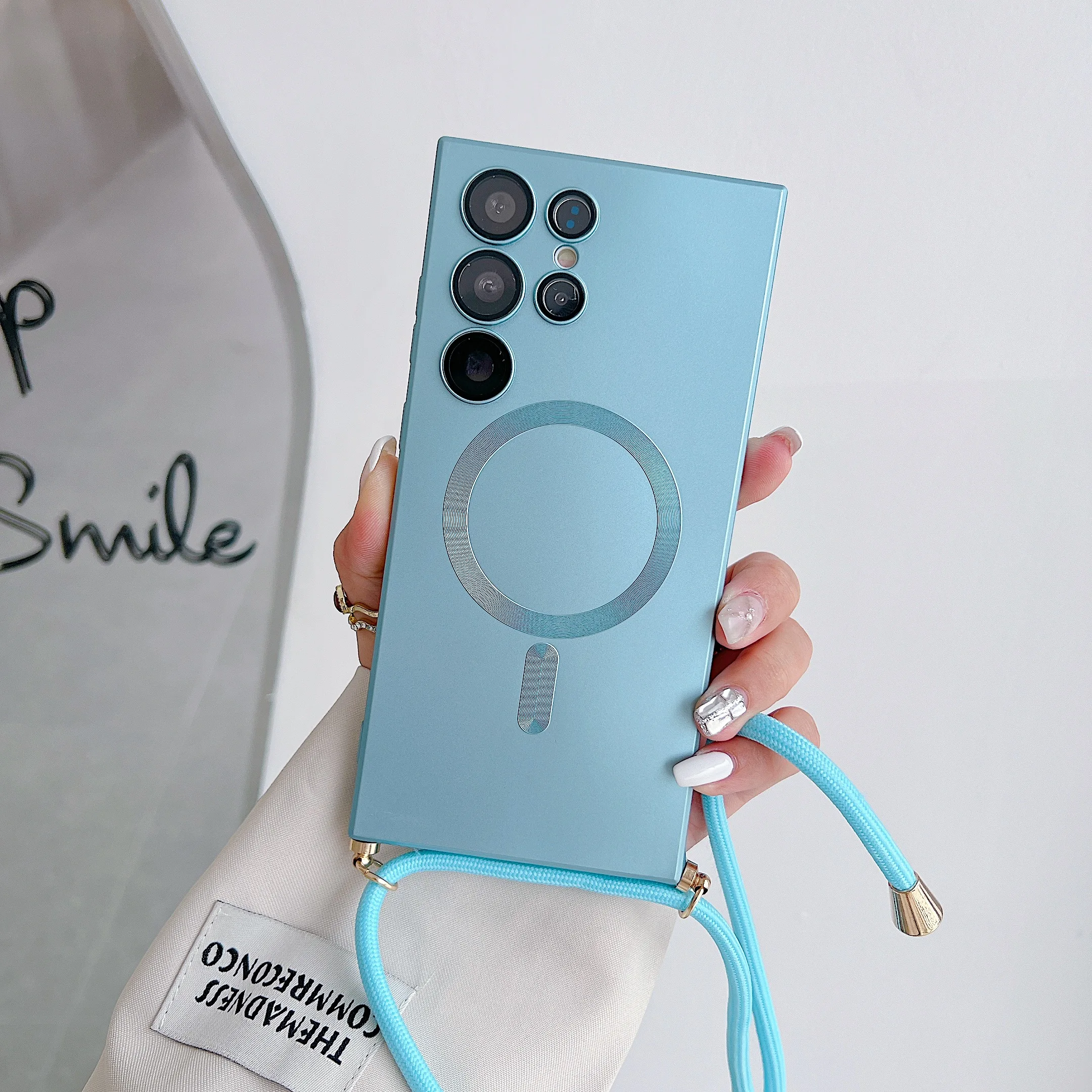 thumbnail image 1 of Crossbody Necklace Lanyard Cord Rope For Magsafe Matte Plating Case For Samsung S24 S23 Ultra S22 Plus S20 Shockproof Soft Cover, 1 of 5