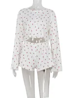 Ahagaga Fashion Loose Women's Suits Sets Flower Solid O-Neck Regular Long Flare Sleeves Boutton Sleepwear 2 Pcs (Tops + Short) - Image 6