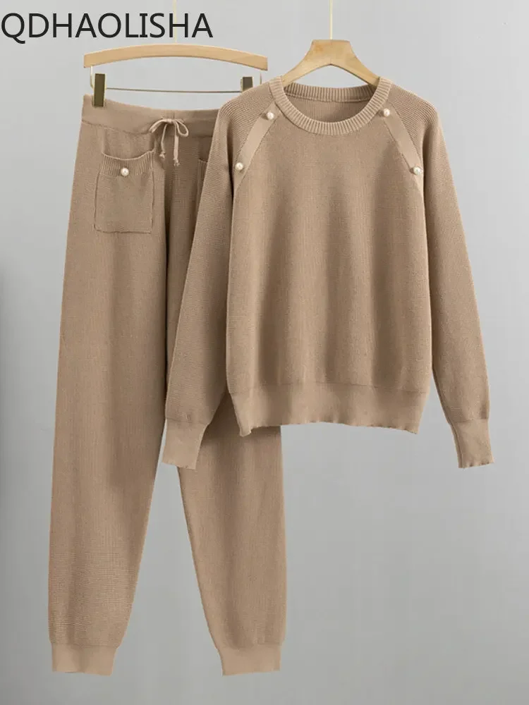 

Autumn 2023 New In Women Net Red Beaded Knitted Sweater Pants Office Lady Fashion Elegant Casual Two Piece Sets Womens Outifits