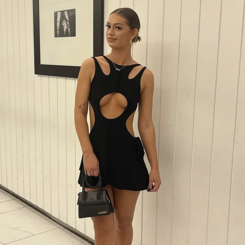 

SKMY Hollow Out Dresses For Women 2023 Summer Sexy Open Back Lace-Up Sleeveless Patchwork A-Line Short Dresses Solid Color