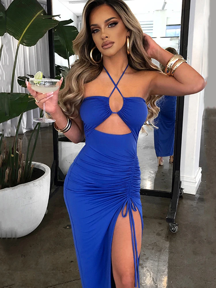 Cryptographic Hot Summer Sexy Halter Backless Sleeveless Cut Out Maxi Dress for Women Elegant Club Party Slit Dresses Vestido