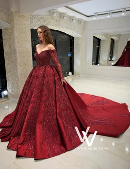 Abito da sposa di lusso personalizzato bordeaux, stile Algerino, con spalle scoperte, in pizzo, ricamato con perline, linea ad A con strascico, per matrimonio arabo
