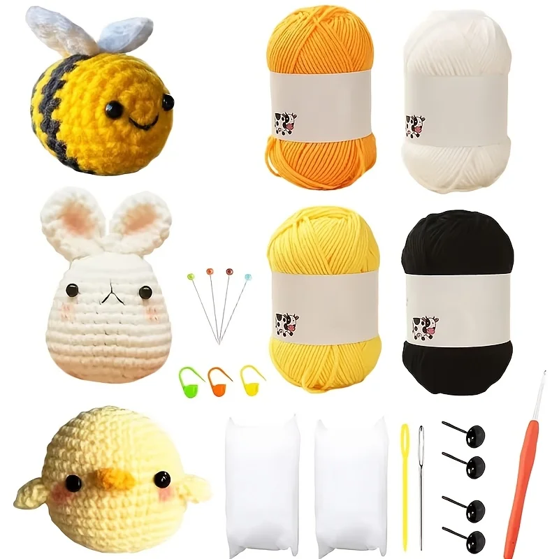 3 Crochet Kits - 3 Crochet Kits for Beginners/Experts - Bunny, Chick, Bee for adult beginners, includes enough yarn, crochet hoo