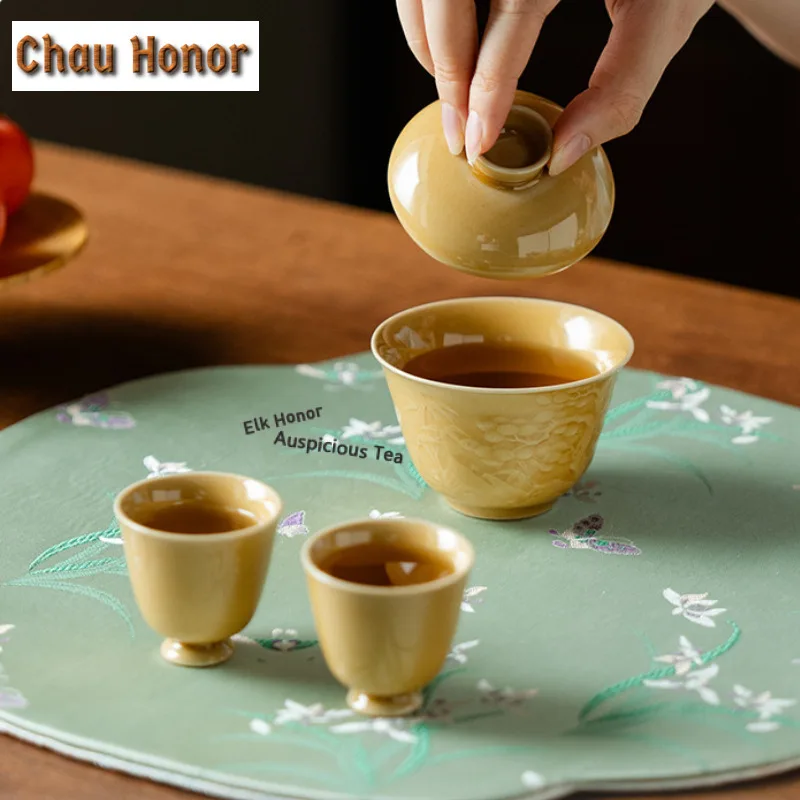 100ml Amber Yellow Ceramic Gaiwan Zen Tea Tureen Tea Bowl with Lid Kit Tea Making Cover Bowl Teaware Accessories Collection