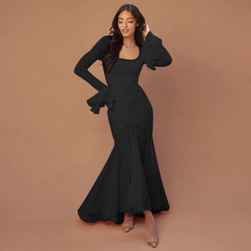 Vestido largo de fiesta con cuello cuadrado y volantes para mujer, ajustado, transparente, de cintura alta
