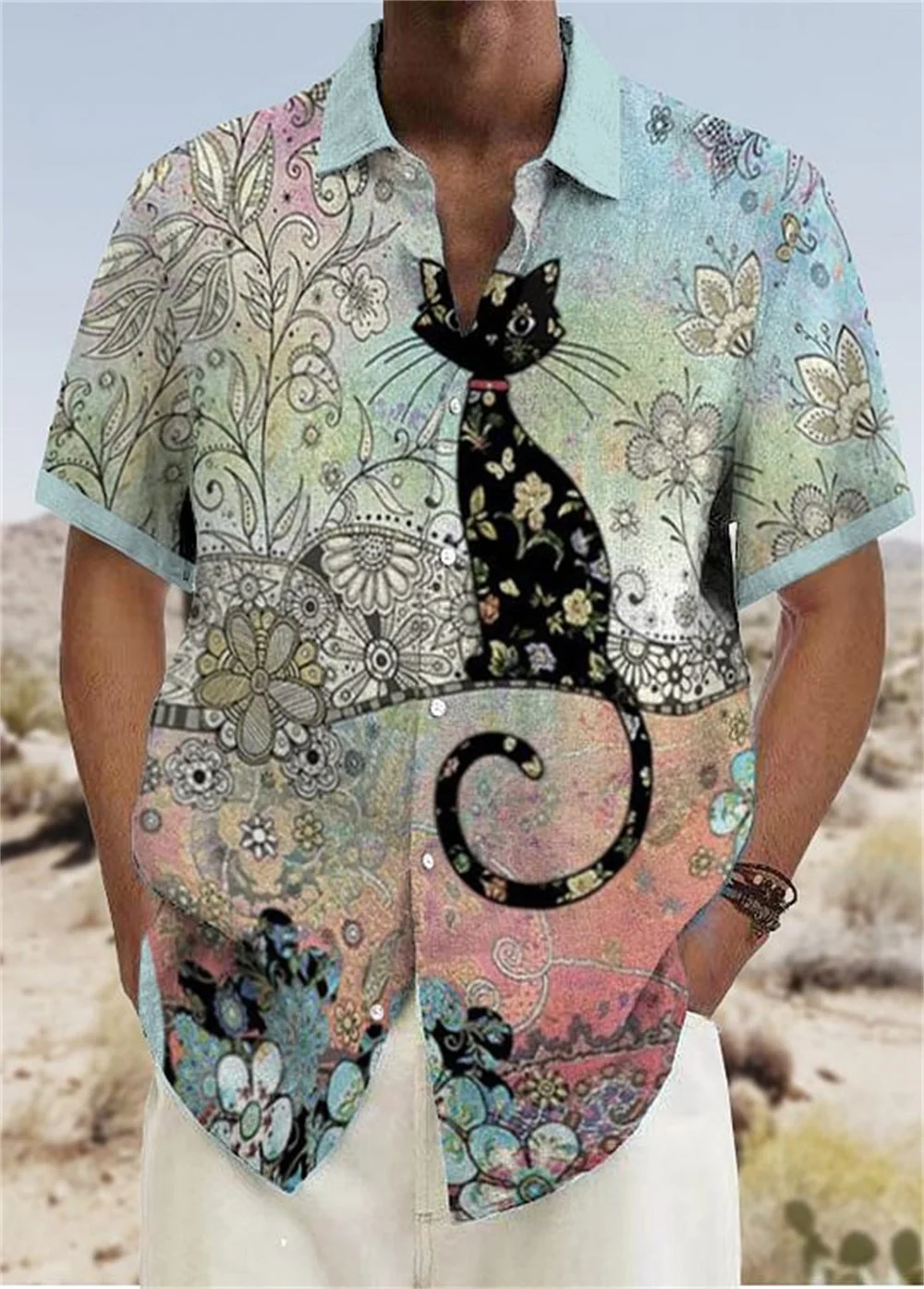 Fashion men's casual lapel short sleeved shirt Women's high-definition printed soft and healthy materials 2023 Summer New 5