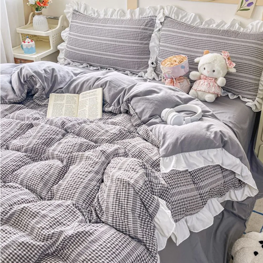 Ins Princess Grey Bedding Sets 2025 New Ruffle Girls Quilt Cover