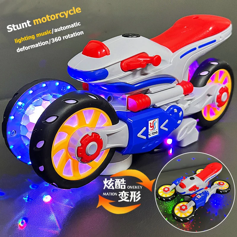 Electric Deformation Motorcycle Stunt Rotating Universal Driving Lights Music Children'S Toy Car Model Boys Girls Kids Toy Gift