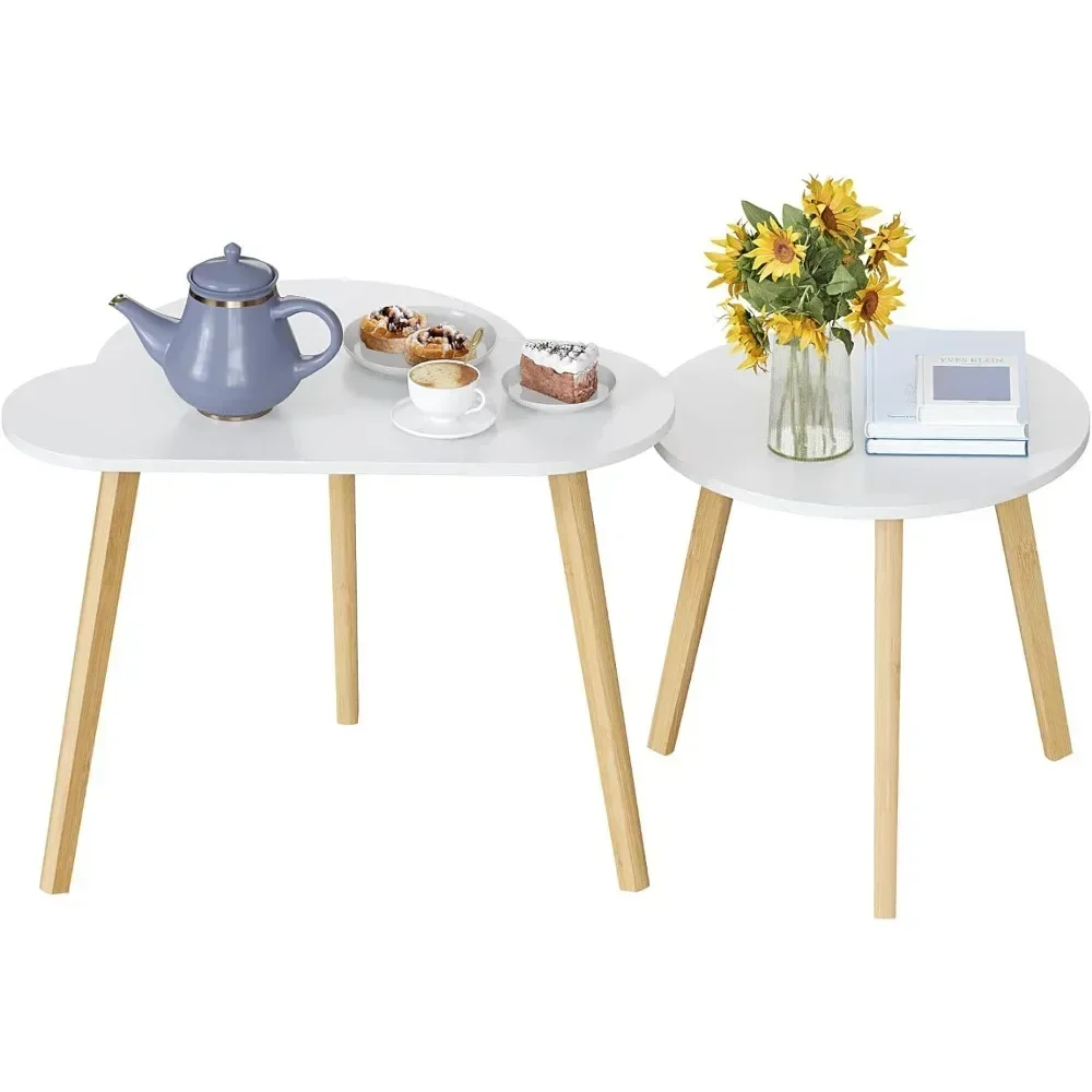 Bamboo and wood triangular end table, set of 2 living room coffee tables, modern minimalist side table in the living room
