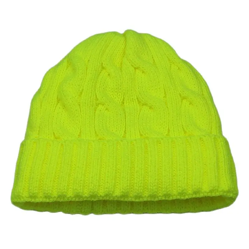 Warm Winter Skull Cap Fleece Inside Women Hats Cable Knitted Beanies Neon Yellow White Black Red Fluoresce Orange Fashion Colors 2