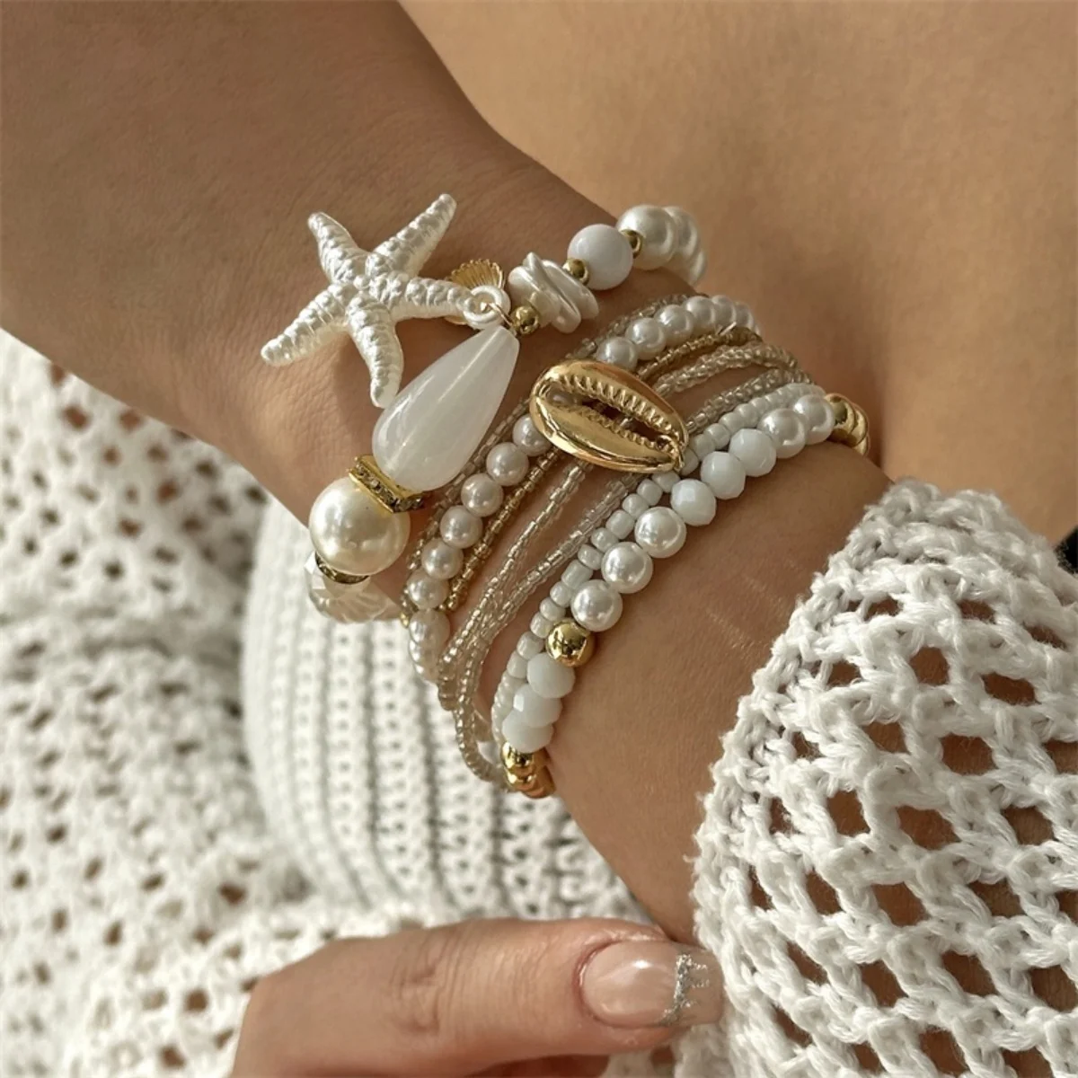 Armbänder aus Kunstharz mit Korallen, Muscheln, Seesternen, unregelmäßigen Kunstperlen für Damen und Herren, mehrlagiger Strand-Schildkröten-Armreif, Sommerschmuck – Detail 19