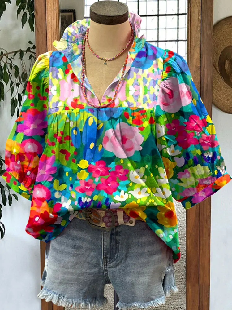 

Elegant Contrast Floral Print Top Women Casual Loose Shirts Collar Blouse