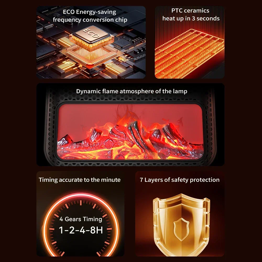 Household Heater Portable 3D Dynamic Simulation Flame Fireplace Heater Low Noise Energy-saving Timed for Winter Home Bedoom Use 3